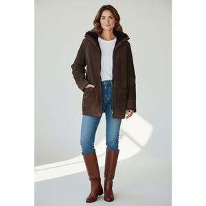 Y2K Leather Suede Coat Faux Mink Reversible Sz M Brown Black Equestrian Western